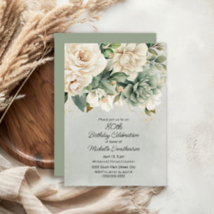 White Sage Green Floral Gold 80. Geburtstag Einladung