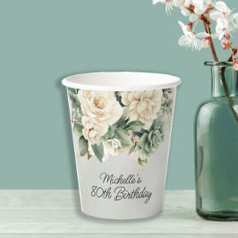 White Sage Green Floral Gold 80. Geburtstag Pappbecher