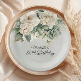 White Sage Green Floral Gold 80. Geburtstag Pappteller