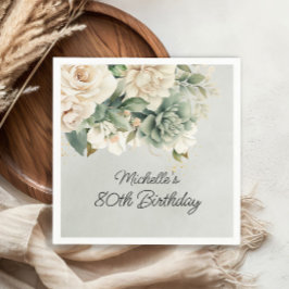 White Sage Green Floral Gold 80. Geburtstag Serviette