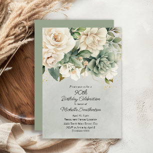 White Sage Green Floral Gold 90. Geburtstag Einladung