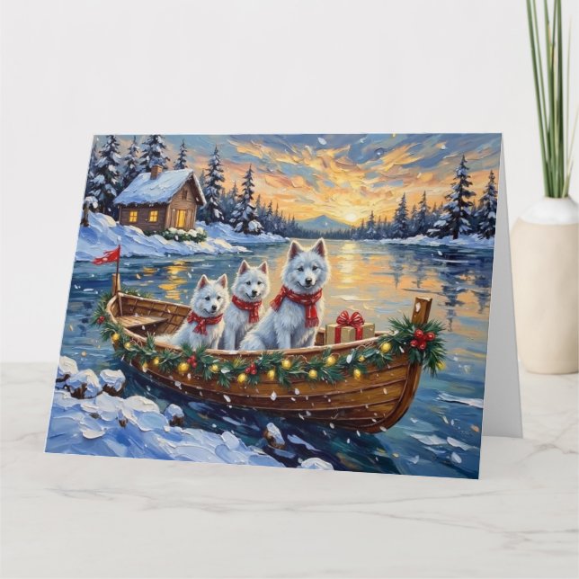 White Samoyed Christmas Boat Holiday Karte (Vorderseite)