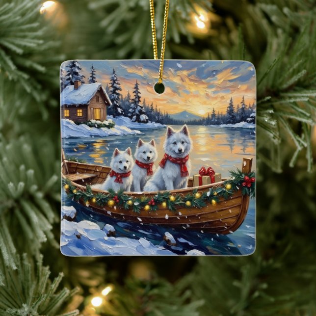 White Samoyed Christmas Boat Holiday Keramikornament (Baum)