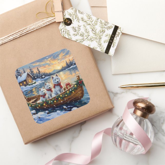 White Samoyed Christmas Boat Holiday Quadratischer Aufkleber (Schenken)