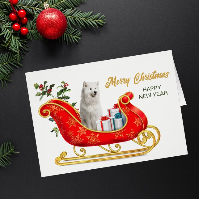 White Samoyed Dog Christmas Sleigh Card (Von Creator hochgeladen)