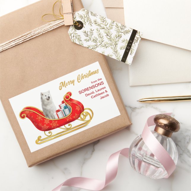 White Samoyed Dog Christmas Sleigh Rechteckiger Aufkleber (Schenken)
