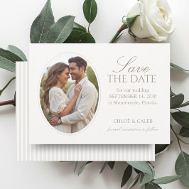 White & Sand | Stripe Oval Photo Wedding Save  The Date