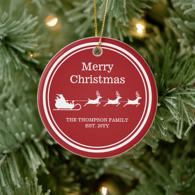 White Santa Sleigh und fröhlicher Weihnachtstext a Keramik Ornament (Baum)