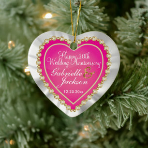 White Satin & Pink Heart Wedding Keepake Keramik Keramik Ornament