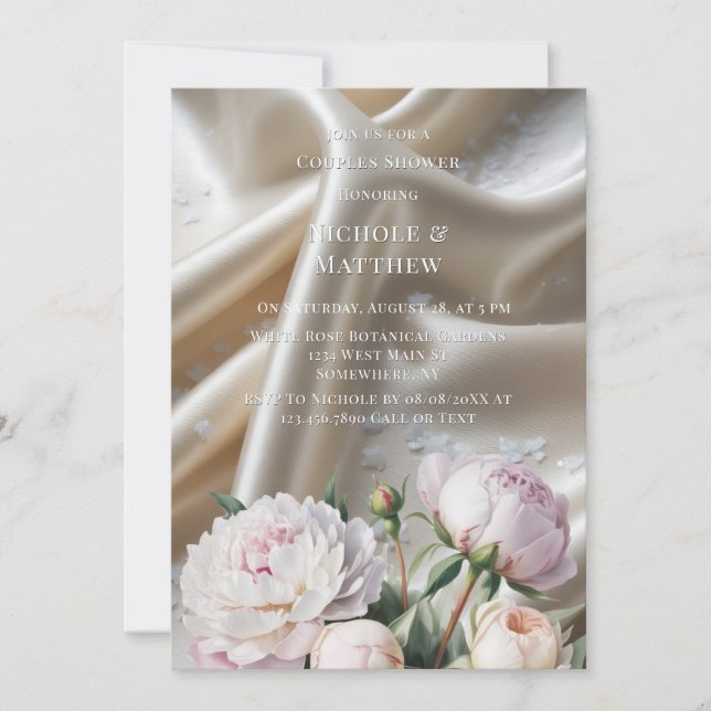 White Satin with Roses and Peony Couples Shower Einladung (Vorderseite)