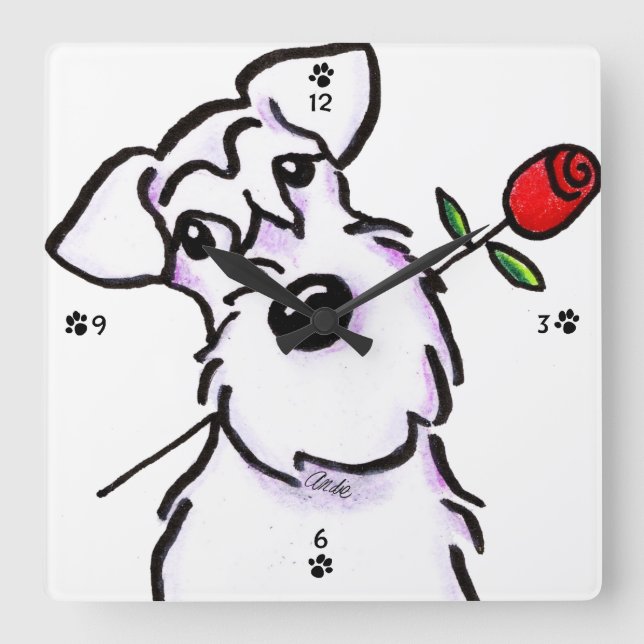 White Schnauzer Sweetheart Rose Quadratische Wanduhr (Vorderseite)