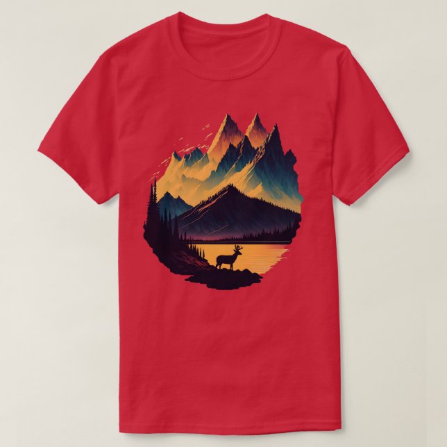 White Schwanz Deer Buck Sunset Mountain T-Shirt (Design vorne)