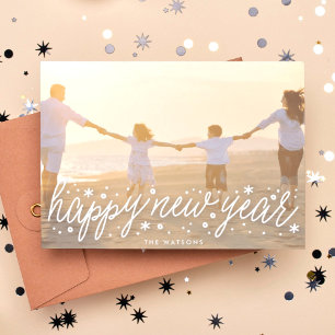White Script Big Foto Happy New Year Holiday Card Feiertagskarte