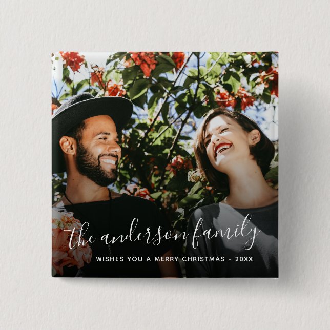 White Script Familienname Weihnachtsfeiertag Foto Button (Vorderseite)