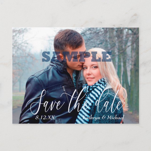 White Script Fotovorlage Save the Date Hochzeit Postkarte (Vorderseite)