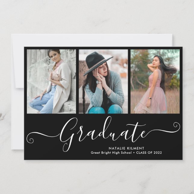 White Script Graduate 4 Foto Collage Abschluss Einladung (Vorderseite)