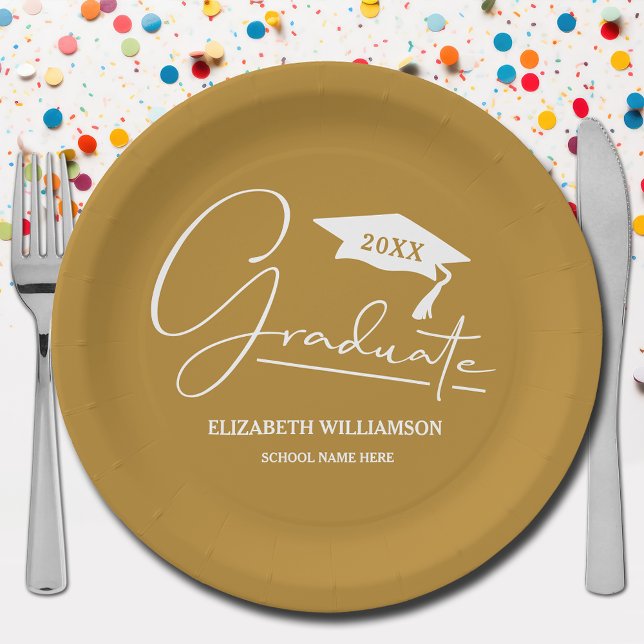 White Script Graduation Cap Gold Pappteller (Your name, year, grad cap and "Graduate" in a cool script on gold school color paper plates)