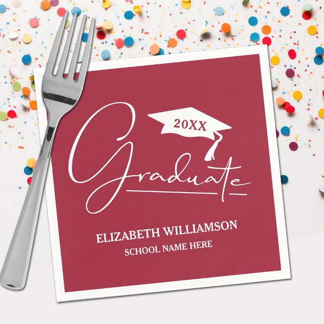 White Script Graduation Cap Maroon Serviette (Your name, class year and "Graduate" in a cool script on maroon school color party napkins)
