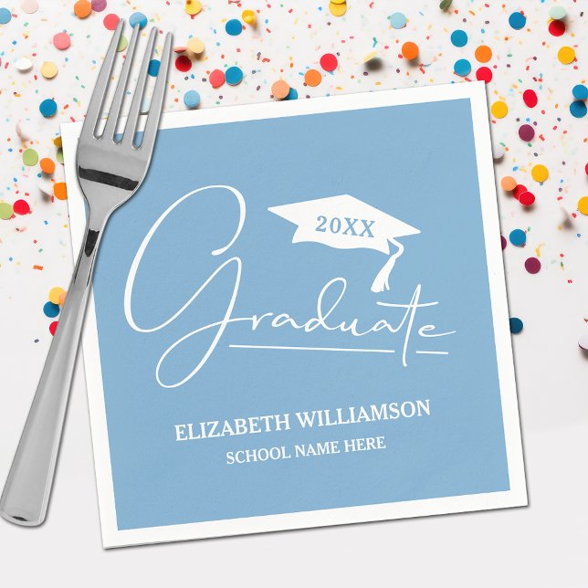 White Script Graduation Cap Powder Blue Serviette (Your name, class year and "Graduate" in a cool script on powder blue school color party napkins)
