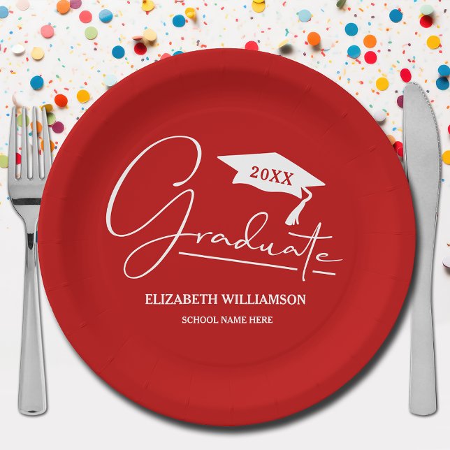 White Script Graduation Cap Scarlet Red Pappteller (Your name, year, grad cap and "Graduate" in a cool script on scarlet red school color paper plates)