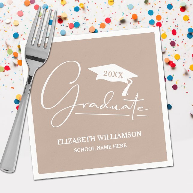 White Script Graduation Cap Taupe Serviette (Your name, class year and "Graduate" in a cool script on taupe party napkins)