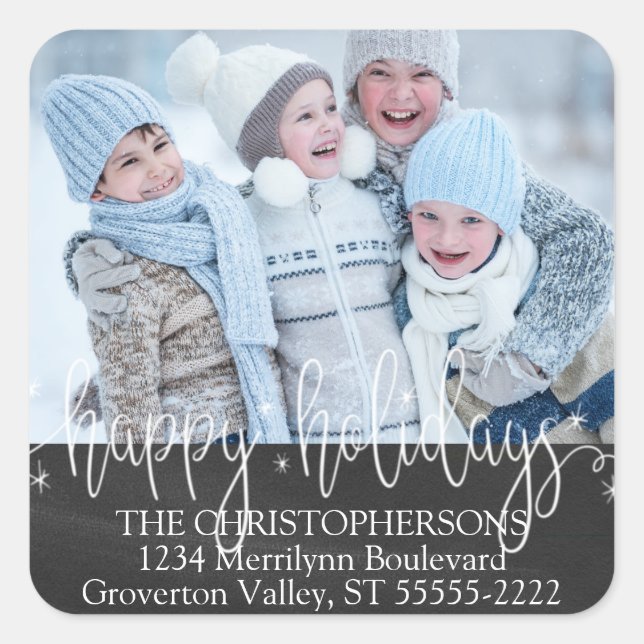 White Script HAPPY FERIEN Foto Rücksendeadresse Quadratischer Aufkleber (Vorderseite)