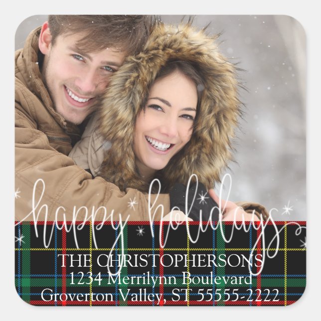 White Script HAPPY FERIEN Foto Rücksendeadresse Quadratischer Aufkleber (Vorderseite)