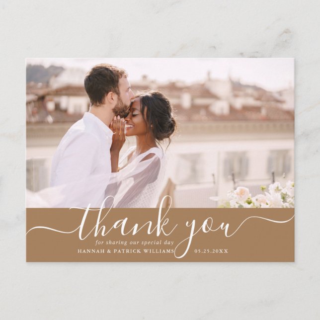 White Script Modern Wedding Danke Foto Postkarte (Vorderseite)