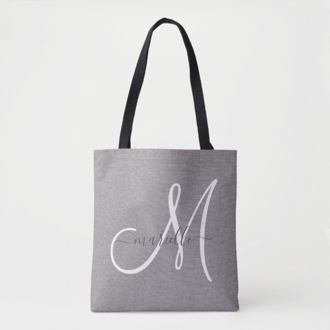 White Script Monogram Grau Linen (Vorderseite)