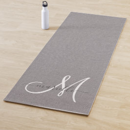 White Script Monogram Grau Linen Yogamatte