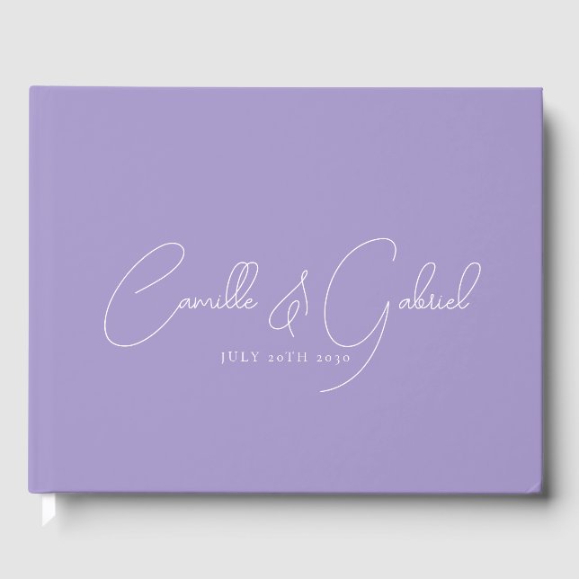 White Script Names Wedding Lavender Gästebuch (Vorderseite)