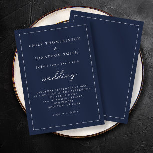 White Script Navy Blauer Text Lone Border Hochzeit Einladung