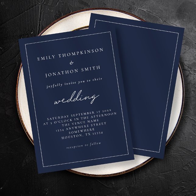 White Script Navy Blauer Text Lone Border Hochzeit Einladung (Von Creator hochgeladen)
