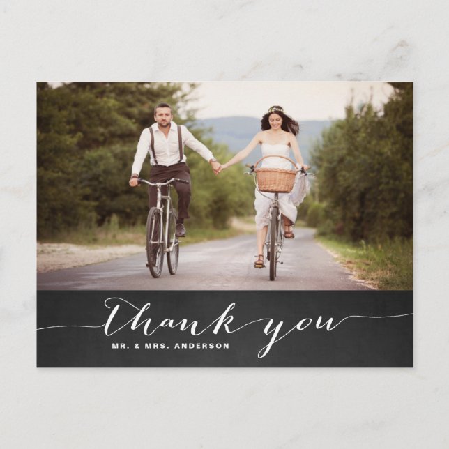 White Script Rustic Wedding Danke Postcard Postkarte (Vorderseite)