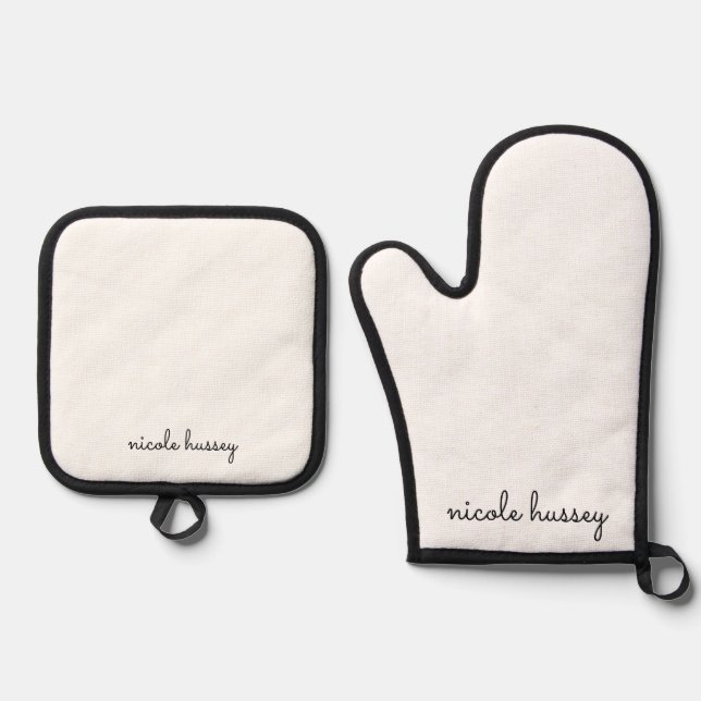 White Script | Stilvolle Monogram Modern Ofenhandschuh & Topflappen-Set (Vorderseite)