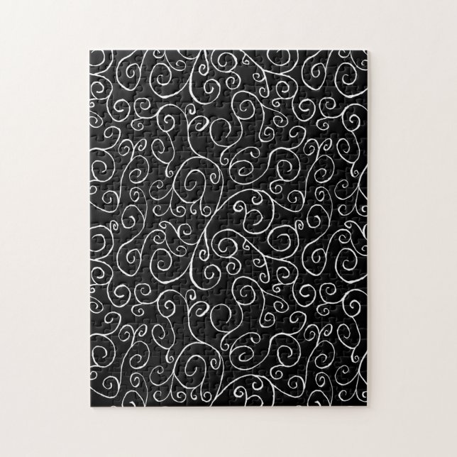 White Scrolling Curves on Solid Black Challenging Puzzle (Vertikal)