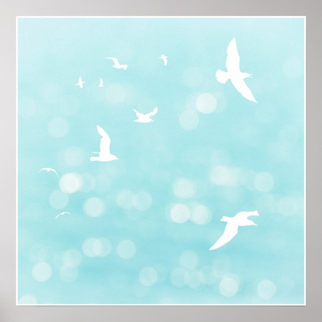 White Seagulls und Blue Bokeh Semi Abstrakt Beach Poster (Vorne)