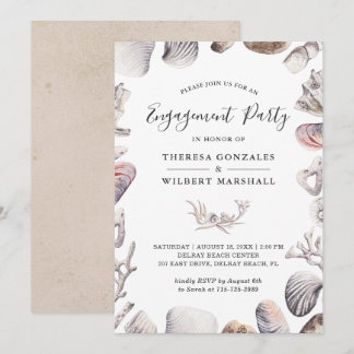 White Seashell and Coral Beach Engagement Party Einladung