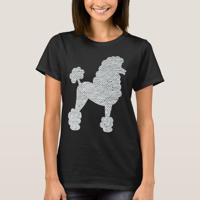 White Sequin Poodle auf schwarzem Hintergrund T-Shirt (Vorderseite)