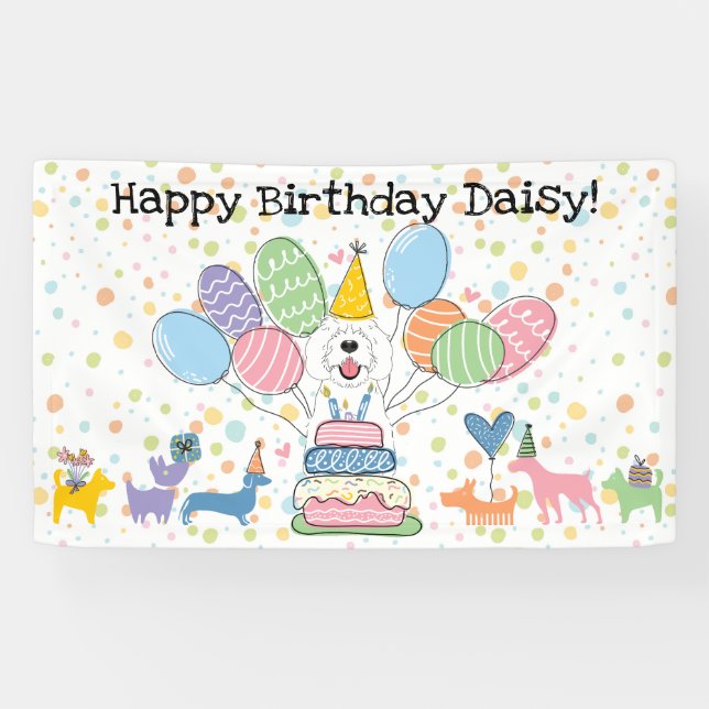 White Sheepadoodle Hund Geburtstagsparty Banner (Horizontal)