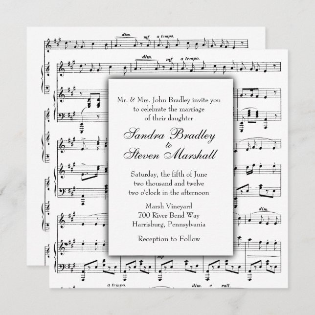 White Sheet Music Theme Wedding Einladung (Vorne/Hinten)