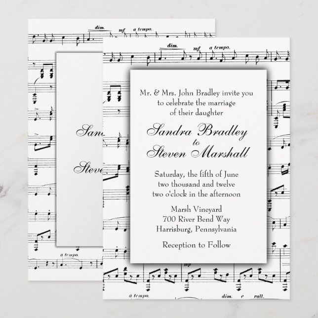 White Sheet Music Theme Wedding Einladung (Vorne/Hinten)