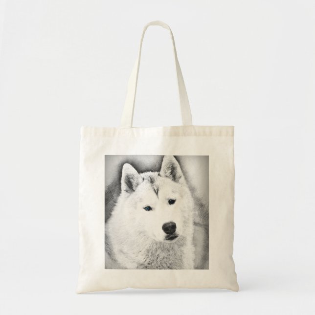 White Siberian Husky w/Blue Eyes Frische Kunst, Di Tragetasche (Vorne)