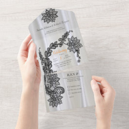 White silk with Black lace  All In One Einladung