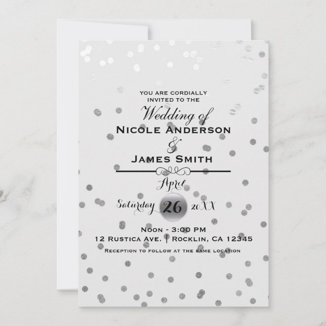 White Silver Confetti Dots Elegante Moderne Hochze Einladung (Vorderseite)