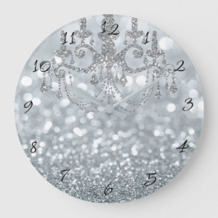 White Silver Glitzer Bokeh Glam Chandelier Sparkle Große Wanduhr