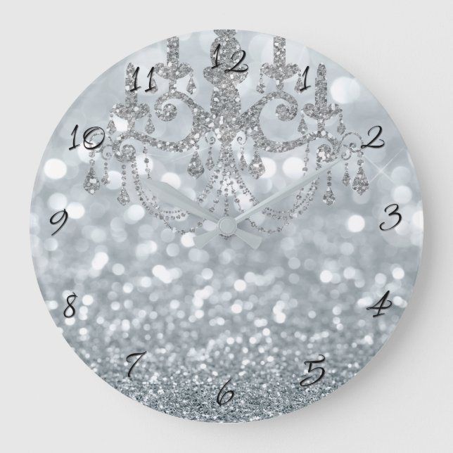 White Silver Glitzer Bokeh Glam Chandelier Sparkle Große Wanduhr (Vorderseite)