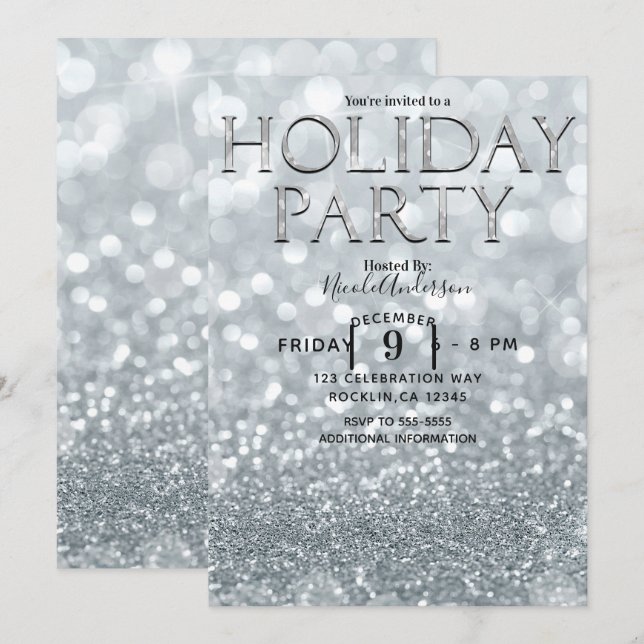White Silver Glitzer Bokeh Glam Holiday Party Einladung (Vorne/Hinten)