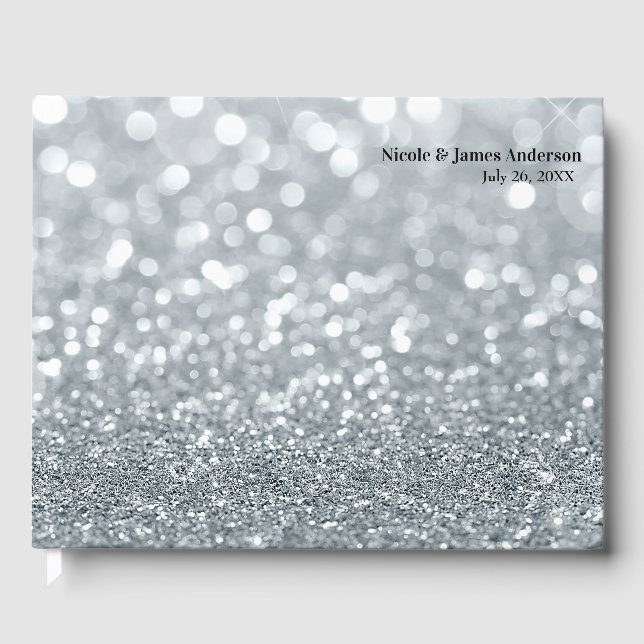 White Silver Glitzer Bokeh Glam Sparkle Wedding Gästebuch (Vorderseite)