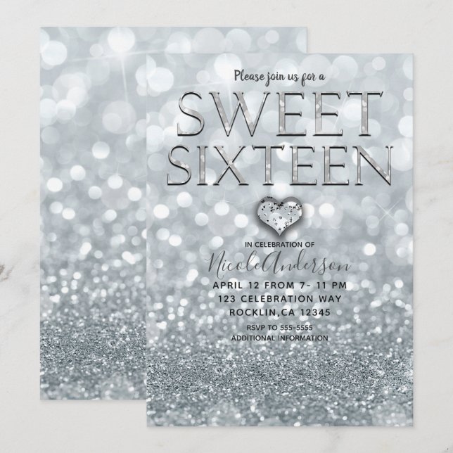 White Silver Glitzer Bokeh Glam Sweet 16 Party Einladung (Vorne/Hinten)